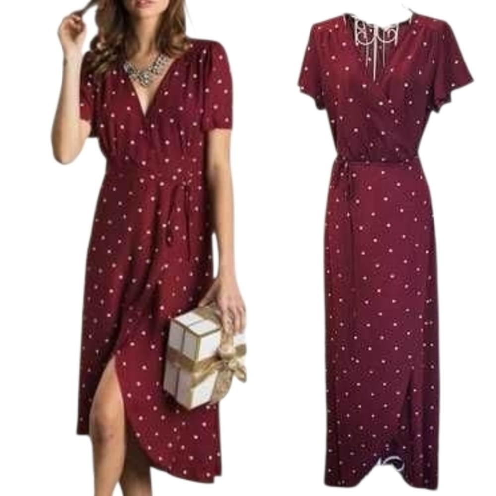 Elegant Burgundy Polka Dot Wrap Dress